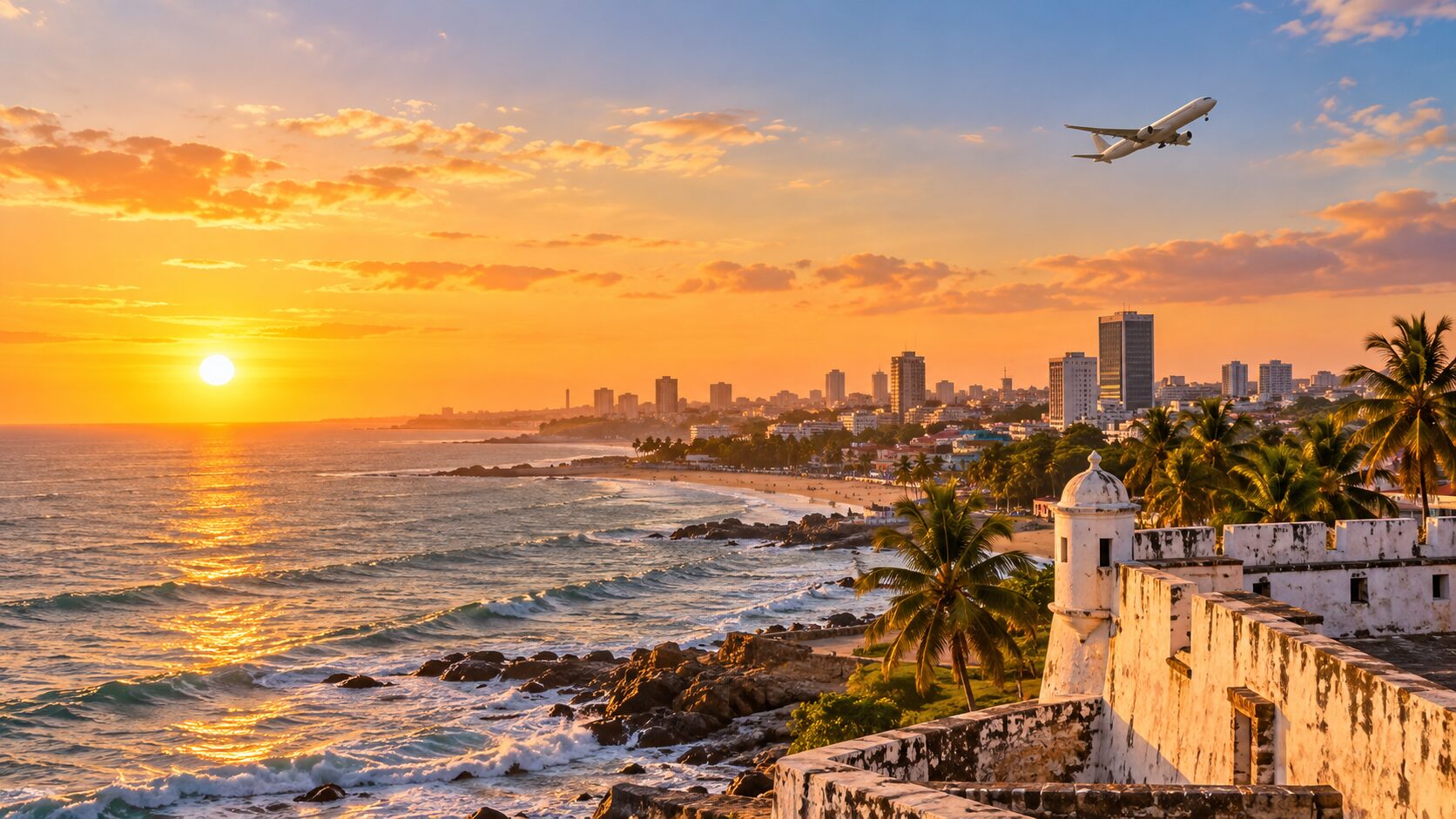 Illustrated coastal travel scene with aircraft
